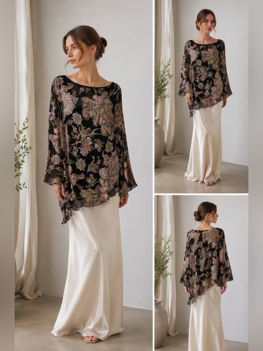 Pappel Boutique Bohemian Paisley Black Beaded Silk Blend Sz L Long Sleeve Tunic